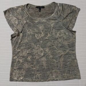 White House Black Market Floral Ruffle Short Sleeve Blouse Women L Black Gold